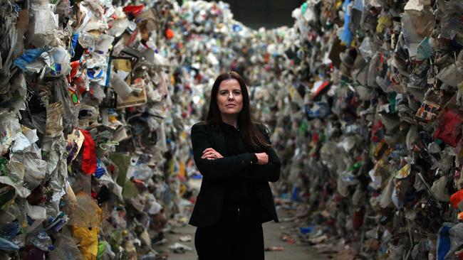 Marwood Property Group project coordinator Carly Whitington with the recycling left behind by SKM Recycling. Picture: Aaron Francis/The Australian