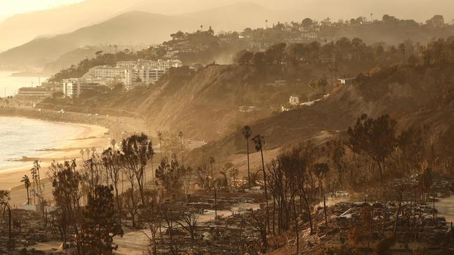 A view of destroyed homes as the Palisades Fire continues to burn with wildfires causing damage and loss through Los Angeles County in Pacific Palisades. Picture: Getty