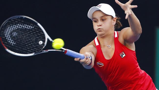 Ashley Barty sends a forehand back in her win over Camila Giorgi. Picture: Michael Klein