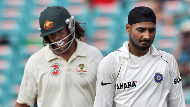 India's Harbhajan Singh and Australia's Andrew Symonds during the fractious Test match in Sydney in 2008.