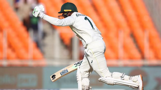 Usman Khawaja celebrates after scoring a century during day one of the fourth Test in Ahmedabad. Picture: Getty Images