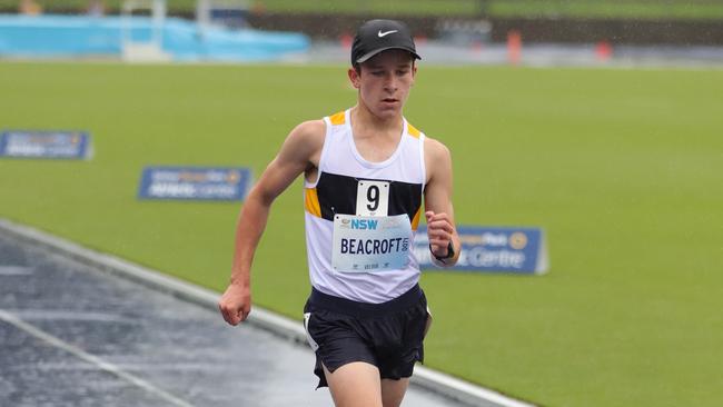 Isaac Beacroft on his way to his NSW title in the walk on day two of the NSW Junior Athletics. Pic: David Tarbotton