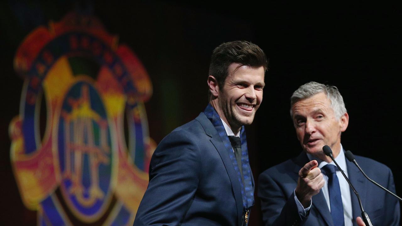 MELBOURNE, AUSTRALIA - DECEMBER 13: Trent Cotchin of the Richmond Tigers speaks on stage during the 2012 Brownlow Medal presentation on December 13, 2016 in Melbourne, Australia. (Photo by Michael Dodge/Getty Images)