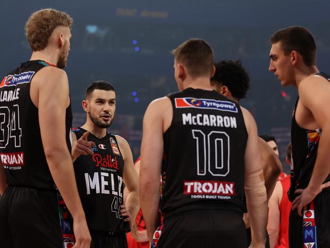 PERTH, AUSTRALIA - JUNE 18: Chris Goulding of Melbourne United addresses the team during game one of the NBL Grand Final Series between the Perth Wildcats and Melbourne United at RAC Arena, on June 18, 2021, in Perth, Australia. (Photo by Paul Kane/Getty Images)