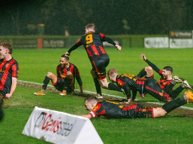 Preston Lions celebrate Matt Whelan's late winner. Picture: Matt Johnson.