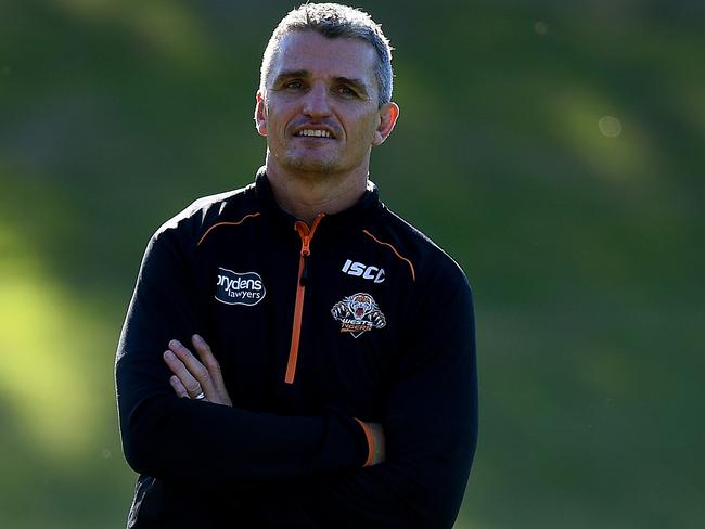 Wests Tigers coach Ivan Cleary looks on during a training session.