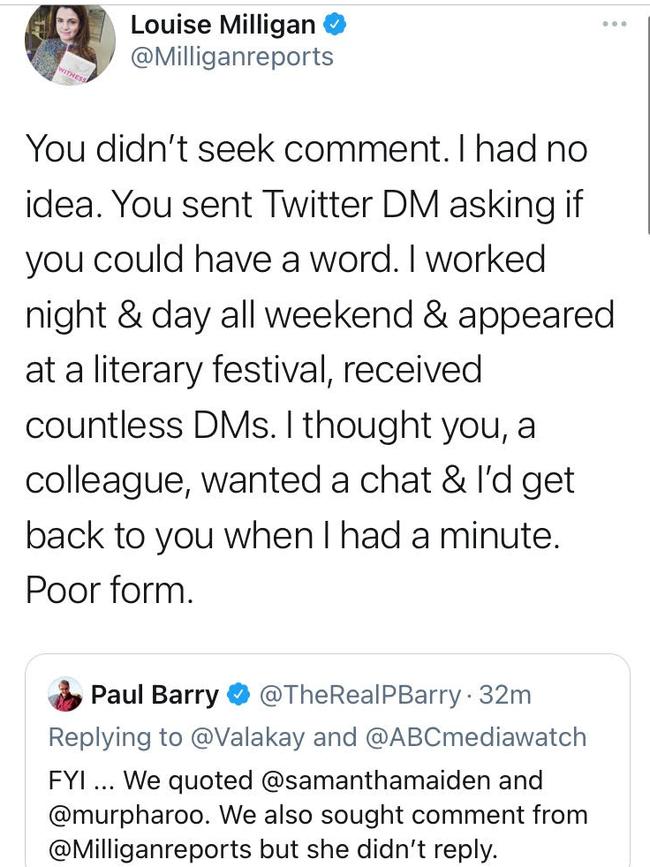 Some of the tweets between Louise Milligan and Paul Barry on Monday night.