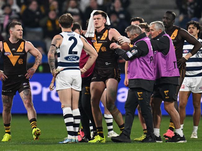 Mitch Lewis has avoided a concussion after a nasty collision against the Hawks. Picture: Daniel Pockett/Getty Images