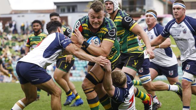 Eastwood defends against Gordon in the Shute Shield grand final in October.