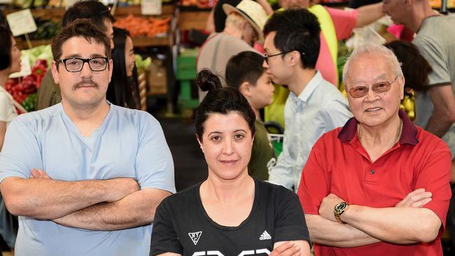 Stall holders, Michael Ciafa (bakery), Belinda Vitalone (fruit and veg) and George Cinn (fruit &amp;veg) at the Queen Victoria Market protest. Picture: Nicole Garmston