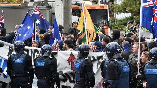 The rival groups were United Patriots Front and No to Racism. Picture: Julian Smith/AAP
