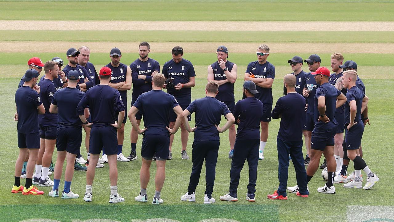 The English players have a team meeting at Adelaide Oval. Photo by Sarah Reed/Getty Images