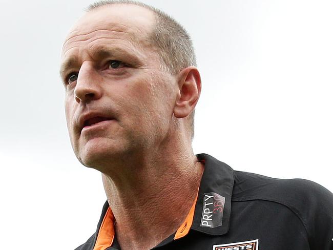 SYDNEY, AUSTRALIA - MARCH 16: Tigers head coach Michael Maguire looks on during the round 1 NRL match between the Wests Tigers and the Manly Warringah Sea Eagles at Leichhardt Oval on March 16, 2019 in Sydney, Australia. (Photo by Matt King/Getty Images)