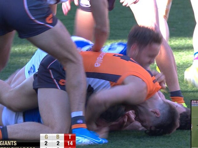 Toby Greene has been sent straight to the AFL Tribunal for this incident involving Bulldog Marcus Bontempelli.