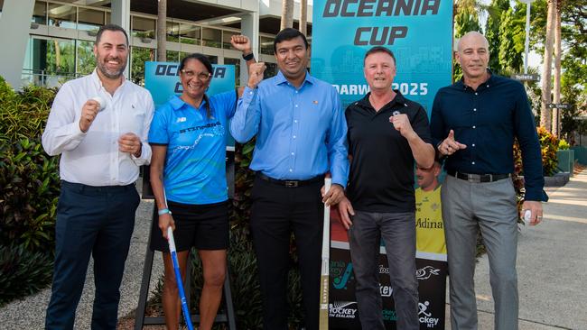 Hockey Australia chief executive David Pryles, Nova Peris, Sport Minister Jinson Charls, NT Major Events acting chief executive Trevor Cox and Hockey NT chief executive Jason Butcher announcing that Darwin will host the 2025 Oceania Cup in a return of international hockey to the NT. Picture: Pema Tamang Pakhrin