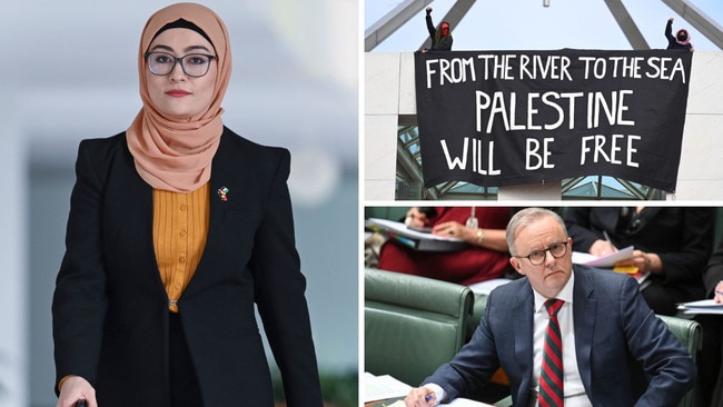 Clockwise from main: Senator Fatima Payman in Canberra on Thursday; protesters scale Parliament House; Anthony Albanese in question time. Picture: Martin Ollman/NCA NewsWire