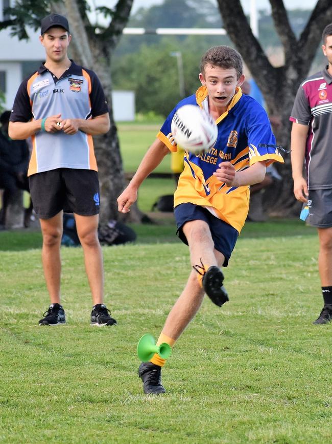 Best and fairest player of the tournament Brandon Hamilton-Kaurila, converts of his own try. Photographs from the Will Murdoch Perpetual Shield. The annual U14 rugby league competition, in its second year, involved Gilroy Santa Maria College, Ingham State High School and St Teresa's Catholic College Abergowrie. Picture: Cameron Bates