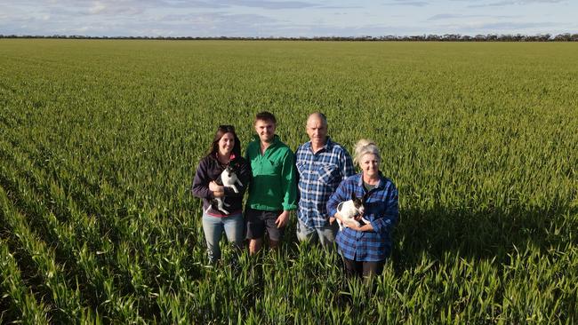 Victorian Mallee mixed farmers Craig and Isla Delmenico, right, with their son and crop manager Bo Delmenico and his partner Ash Sanders, who will join the business as their agronomist next year.