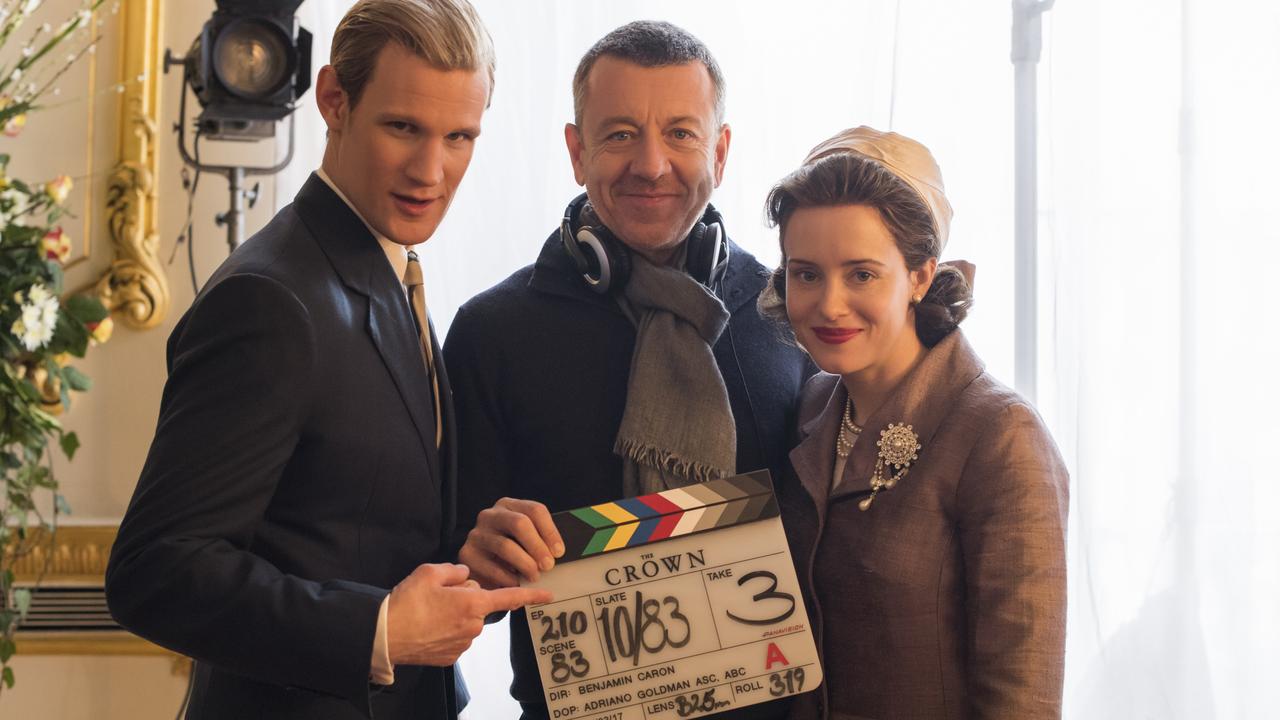 The Crown – Matt Smith, Peter Morgan, Claire Foy – Writer/Creator Peter Morgan with Matt Smith (Prince Philip) and Claire Foy (Queen Elizabeth II)