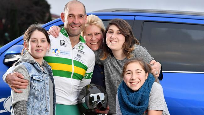 Kieran Modra, his wife Kerry Modra and their three daughters in the lead-up to the Rio Paralympics in 2016 Picture: Mark Brake