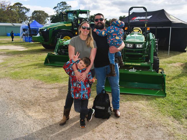 Attendees enjoying the 159th Sale Agricultural Show at the Sale Showgrounds on Friday, November 01, 2024: Natalie Streeter, Teddy, Chris Streeter and Archie. Picture: Jack Colantuono