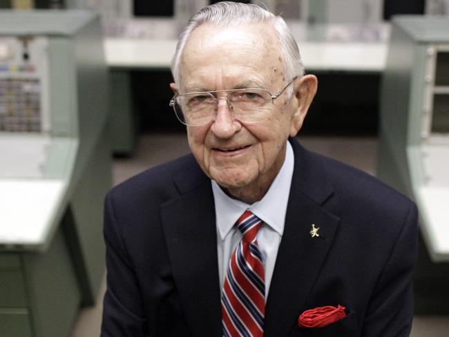 FILE - This Tuesday, July 5, 2011, file photo shows NASA Mission Control founder Chris Kraft in the old Mission Control at Johnson Space Center in Houston. Kraft, the founder of NASA's mission control, died Monday, July 22, 2019, just two days after the 50th anniversary of the Apollo 11 moon landing. He was 95. (AP Photo/David J. Phillip, File)