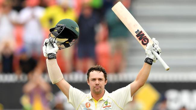 Travis Head celebrates his maiden Test century against Sri Lanka last month. Picture: Saeed Khan/AFP