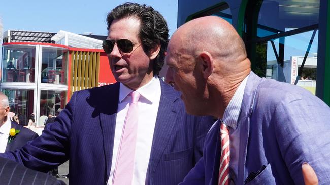 Tabcorp boss and former AFL chief Gillon McLachlan chats in the Birdcage at Flemington on Tuesday. Picture: Luis Enrique Ascui