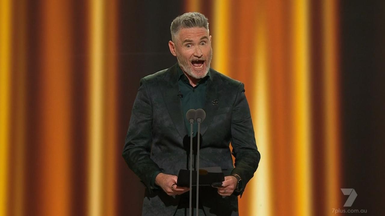 Logies Ceremony 2023 – Dave Hughes announces Outstanding Children's program – Crazy Fun Park beats Bluey. Picture: Channel 7