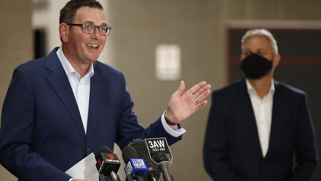 Daniel Andrews and Brett Sutton during a press conference in Melbourne, Victoria. Picture: NCA NewsWire / Daniel Pockett