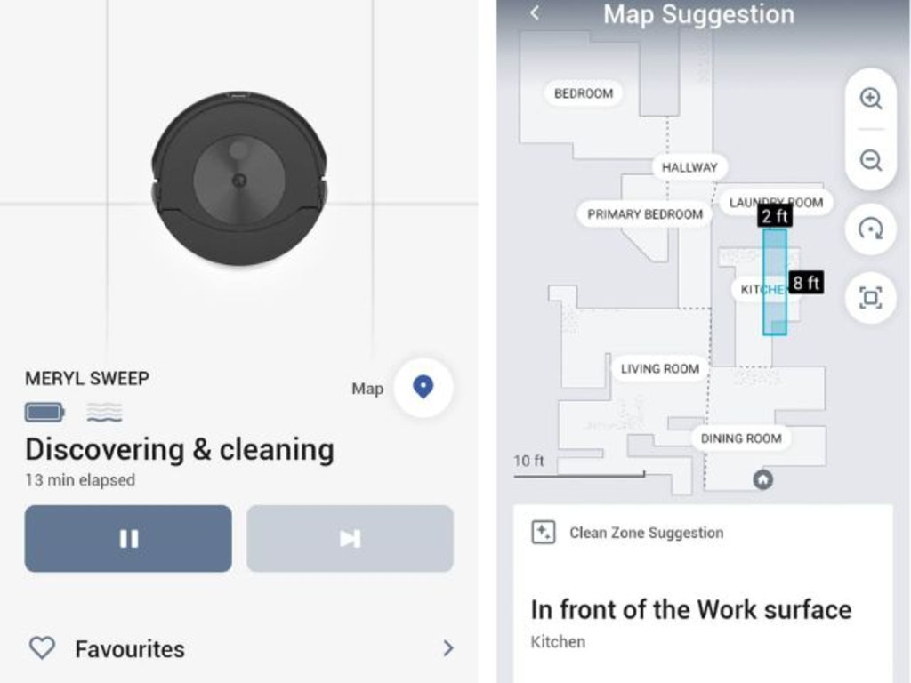 Screenshot of Roomba robot vacuum suggesting new clean areas. Image: Tahnee-Jae Lopez-Vito/news.com.au.