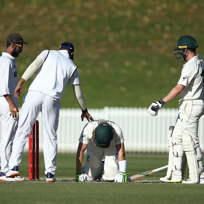 Will Pucovski was concussed when struck on the helmet playing for Australia A against India A at Drummoyne Oval. Picture: Jason McCawley/Getty Images