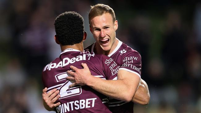 Daly Cherry-Evans celebrates Jason Saab’s try against the Storm. Picture: Cameron Spencer/Getty Images