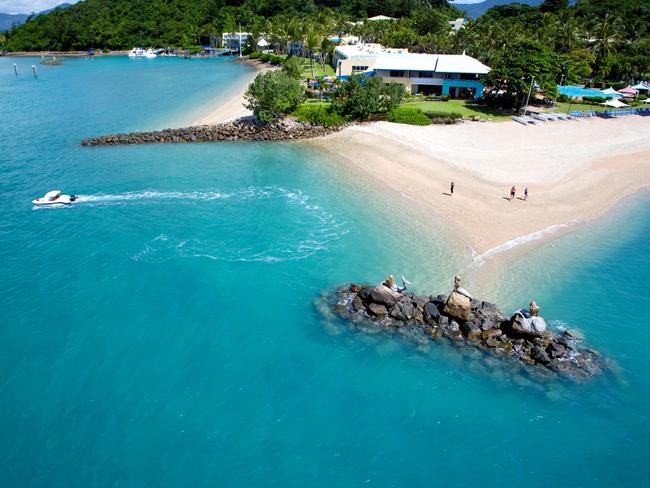 The resort’s jetty and pontoons, its spa, the main atrium, accommodation wings and a section of boardwalk and two of the three iconic Mermaid statues which have been swept away.