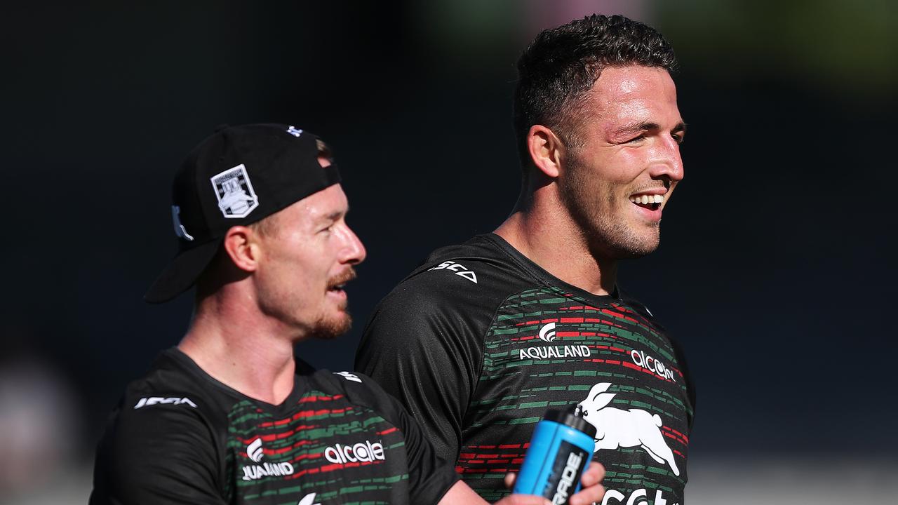 Damien Cook and Sam Burgess during South Sydney NRL training at Redfern Oval, Sydney. Picture: Brett Costello