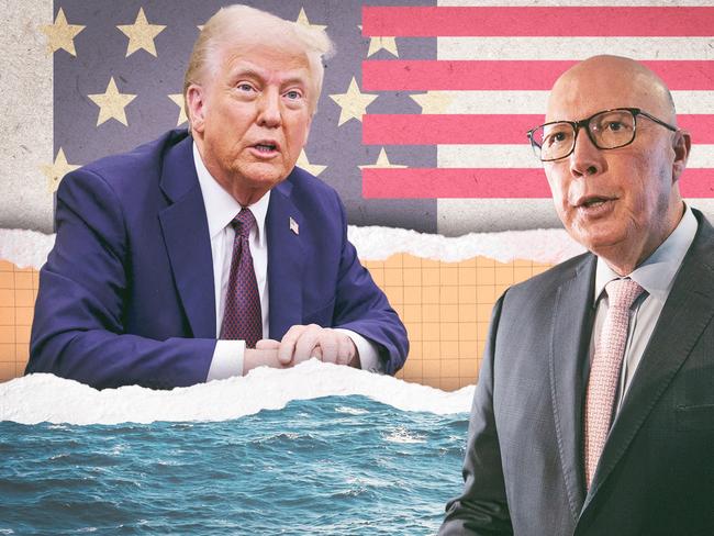 4 April 2025; Dutton and Trump stand against a backdrop of the collage of the USA flag, grid and ocean waves, Donald Trump & Peter Dutton. Sources: iStock, and Supplied. Artwork by Frank Ling. Ratio 16:9. For DIGITAL.