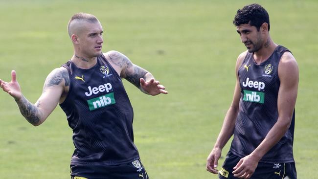 Marlion Pickett, right, with teamamte Dustin Martin at Tigers training. Picture: Sarah Matray