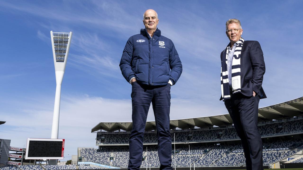 Geelong president Craig Drummond with chief executive Steve Hocking at GMHBA Stadium. Picture: Aaron Francis/The Australian