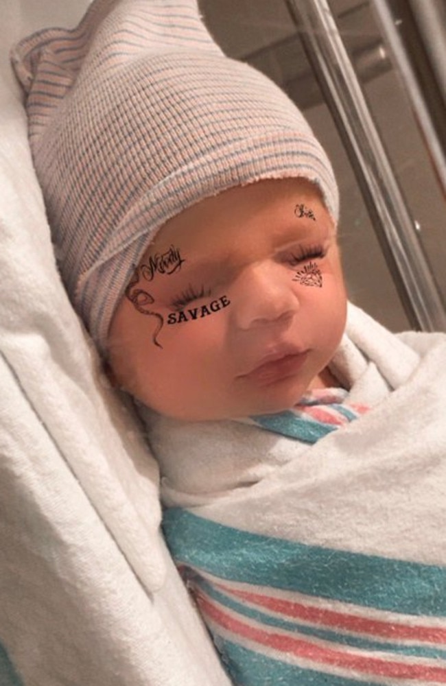 Elon Musk and Grimes posted this picture of the baby using a tattoo filter. The baby’s name is X Æ A-12 Musk. Picture: Twitter