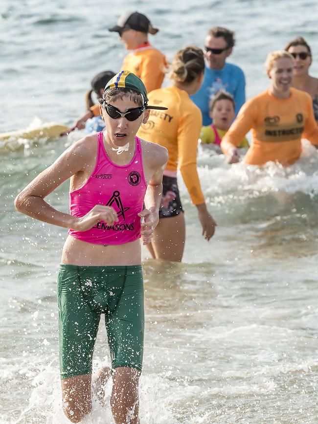 Avoca Beach competitor Thomas Bridge in action during the beach wade in the Surf Life Saving Central Coast Inclusive Branch Carnival at Copacabana Beach on Sunday. Picture: Troy Snook