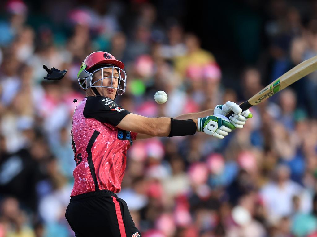 Daniel Hughes of the Sydney Sixers was struck on the helmet during an intense BBL match. The moment highlighted the dangers of T20 cricket as Hughes was forced to briefly take a step back after the blow. The impact came during a fierce bowling spell, and despite the scare, Hughes continued to battle on. Picture: Getty