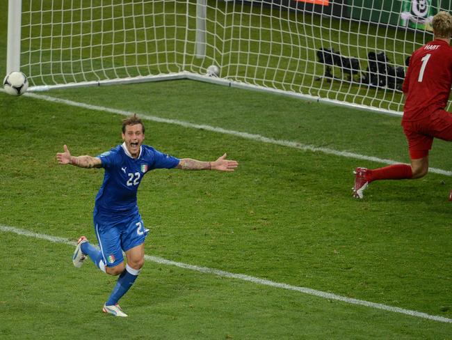 Alessandro Diamanti celebrates Italy’s victory at the end of the penalty shootout in the 2012 Euro championships quarter-final against England.