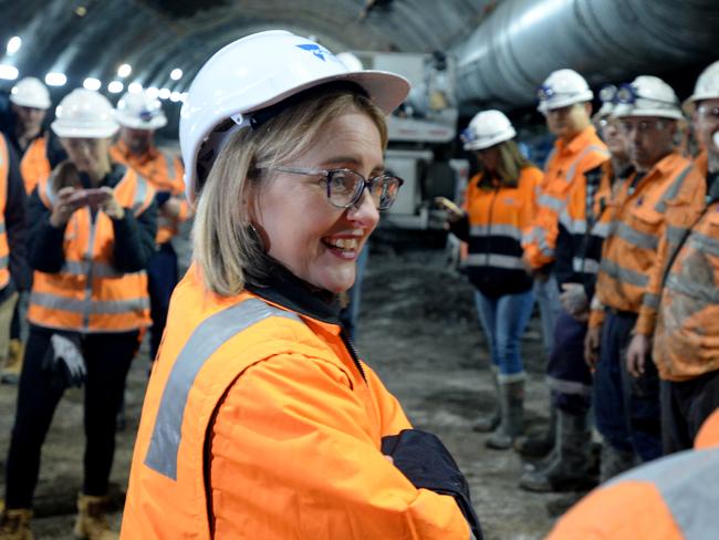 Minister Allan inspects work under Franklin St and Bowen St Melbourne for the construction of the Metro rail tunnel. Picture: Andrew Henshaw