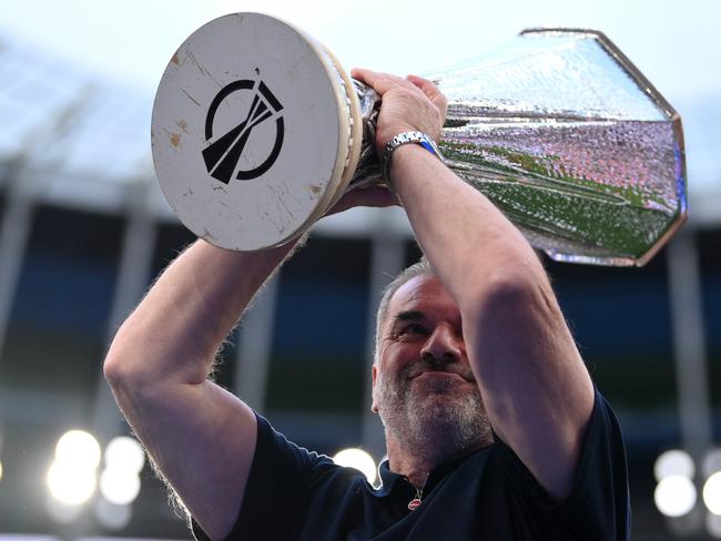 Tottenham manager Ange Postecoglou lifts the UEFA Europa League trophy. Picture: Getty Images