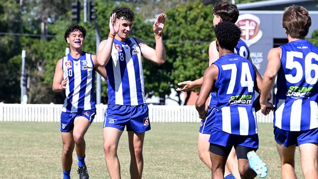 Mt Gravatt player Darcy Augustin celebrates a goal this season. Picture, John Gass