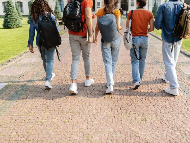 Group of students walking on path in college campus after classes, rear view of multiethnic young people carrying backpacks going to lessons, cropped shot of diverse university friends