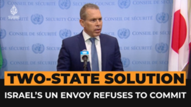 Israel’s UN envoy deflects questions about two-state solution