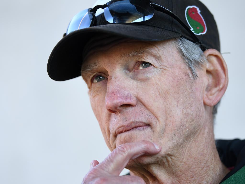 South Sydney Rabbitohs coach Wayne Bennett speaks to the media at Redfern Oval in Sydney, Thursday, May 30, 2019.  (AAP Image/Joel Carrett) NO ARCHIVING