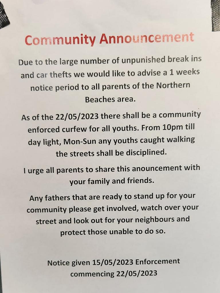 An anonymous announcement has gone up in Mackay’s Northern Beaches area warning of an approaching vigilante-backed curfew for youths. Picture: Facebook