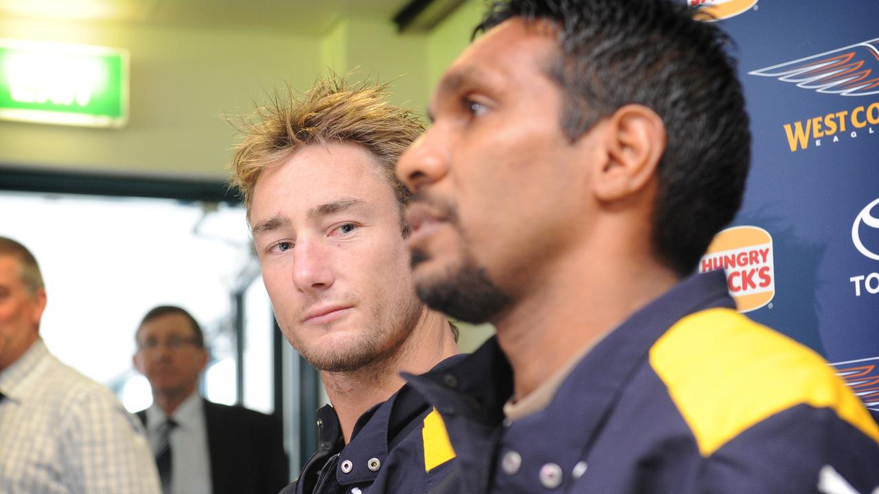 Adam Hunter (left) and David Wirrpanda (right) announce their retirement together. Picture: Ian Munro/News Corp Australia